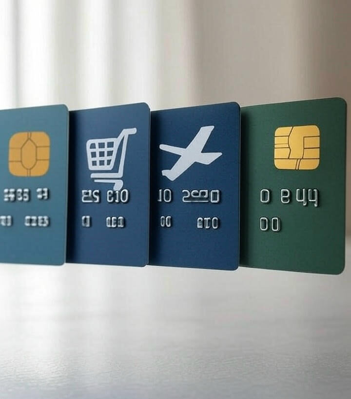 : 5 floating credit cards with icons showing cashback, shopping, flights, and zero fees