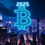 A glowing Bitcoin symbol rising over a city skyline with “2025” in digital font