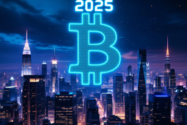 Bitcoin Investment in 2025: Is It Too Late or Just the Beginning? A glowing Bitcoin symbol rising over a city skyline with “2025” in digital font