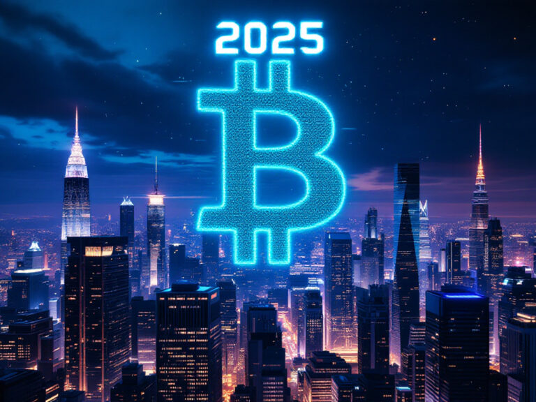 A glowing Bitcoin symbol rising over a city skyline with “2025” in digital font