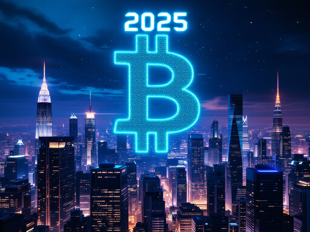 A glowing Bitcoin symbol rising over a city skyline with “2025” in digital font