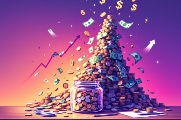 A small jar of coins turning into a mountain of money with graph lines showing upward growth