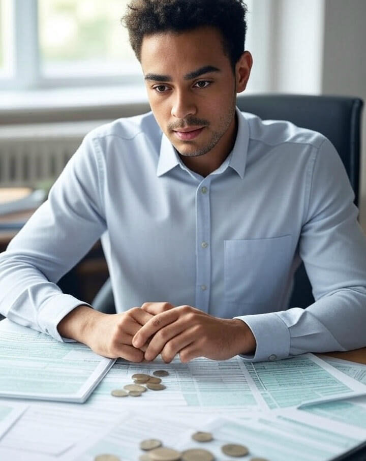 A surrounded by tax forms, coins, calculators, and laptops — representing international tax savings.