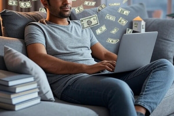 7 Proven Passive Income Ideas in India That Actually Work in 2025 An Indian person relaxing on a sofa with money symbols floating around, showing passive income streams like laptop, house, stocks, and books