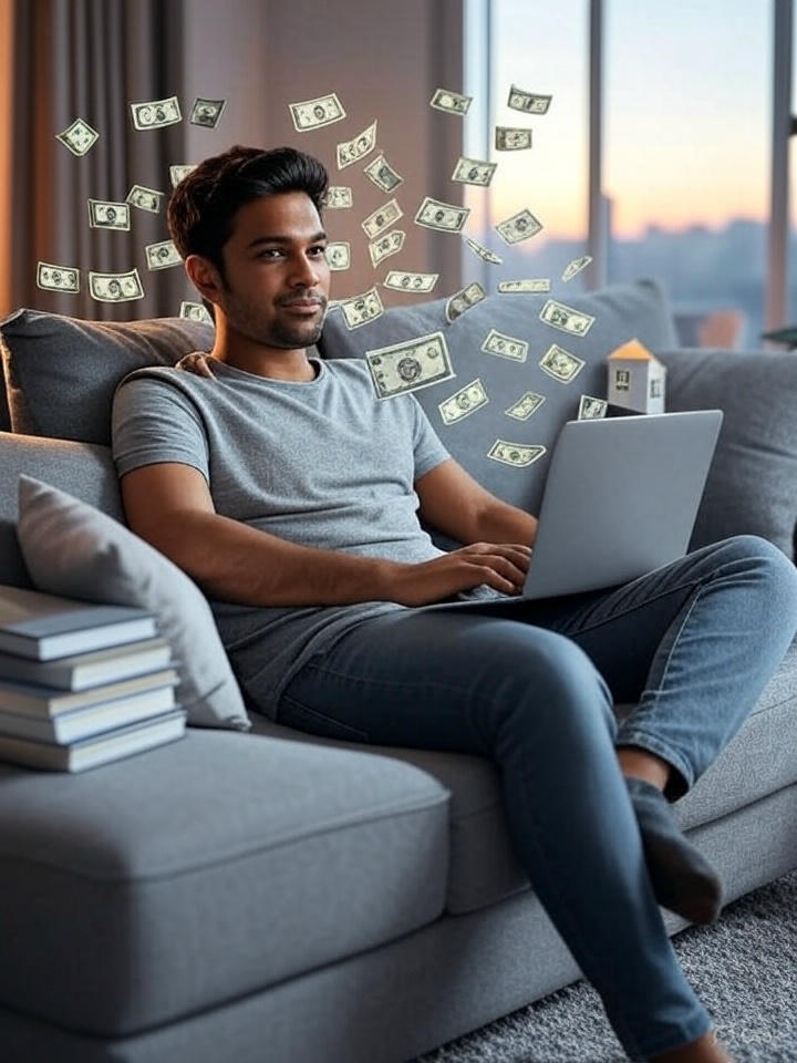 An Indian person relaxing on a sofa with money symbols floating around, showing passive income streams like laptop, house, stocks, and books