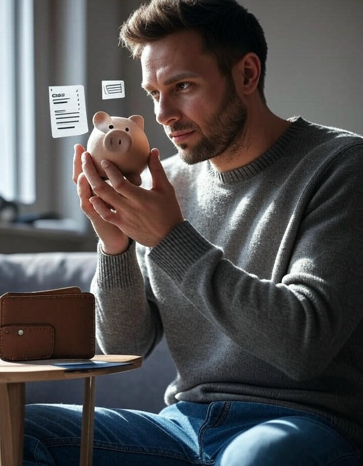 man or woman holding a piggy bank, surrounded by icons like groceries, metro, wallet, and phone — symbolizing budgeting